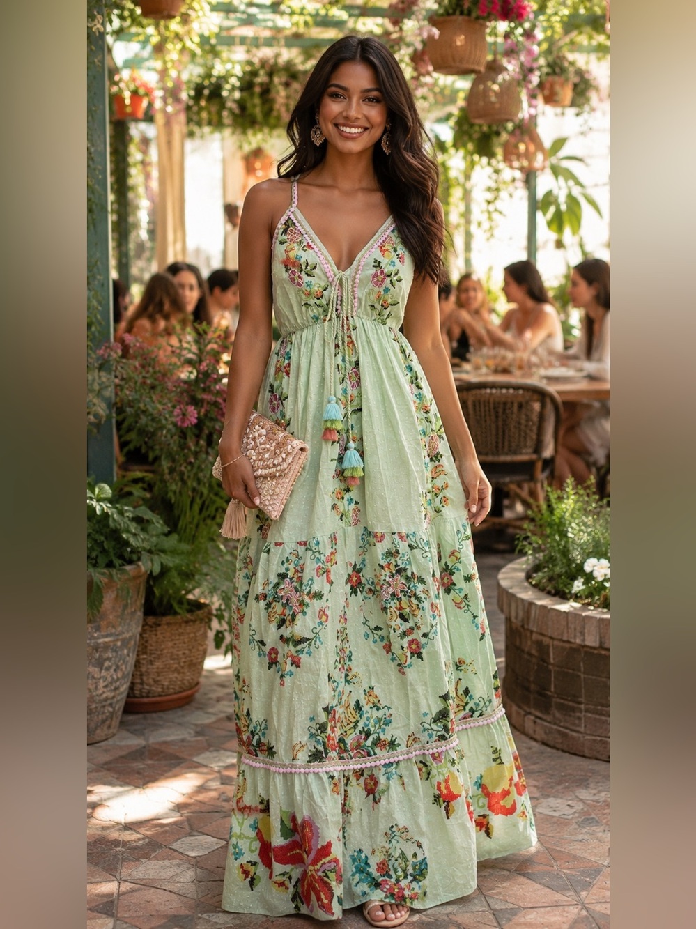 NWT Romantic Garden Party Green Embellished Floral Maxi Dress